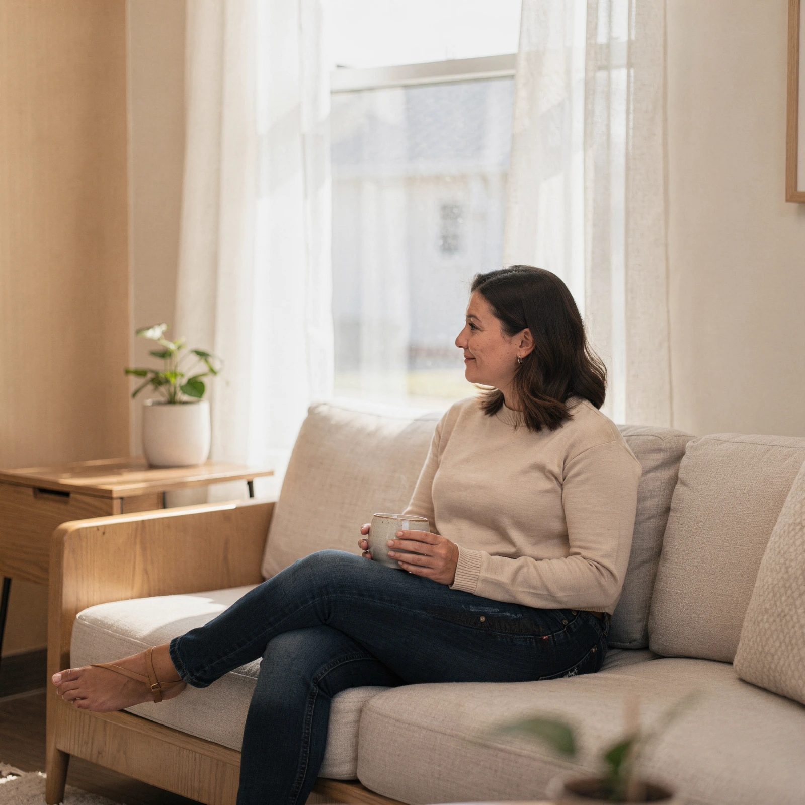 Woman holding mug seated on therapy office sofa by bright window with plant on side table